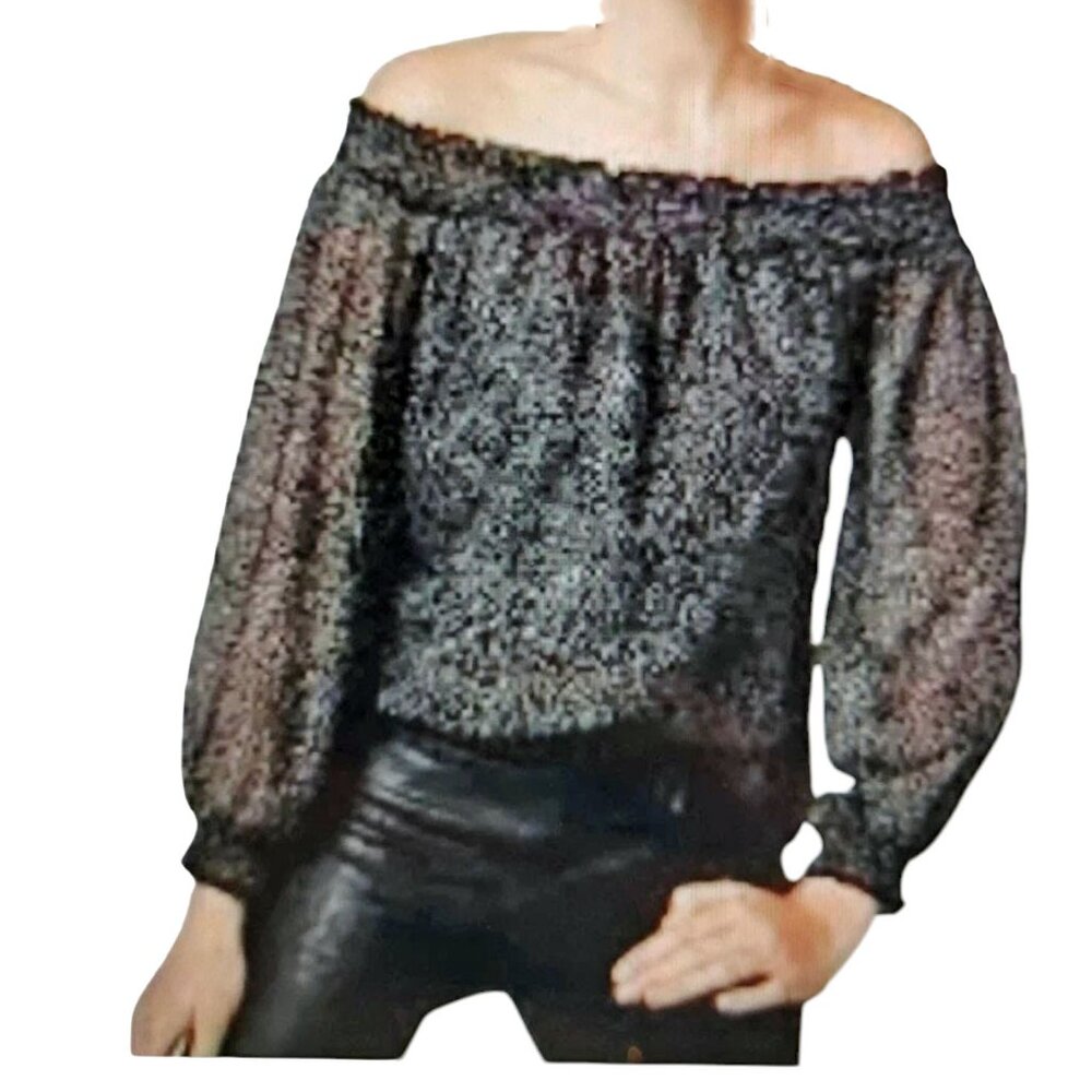 WHBM Cottagecore Sheer Black Flock Dot Off Shoulder‎ Blouse